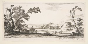 Placa 3: dos jinetes cruzando un río hacia la derecha, una mujer con dos cestas sobre un burro, ca. 1641 de Stefano della Bella