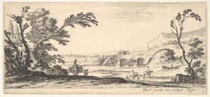 Placa 3: dos jinetes cruzando un río a la derecha, una mujer con dos cestas sobre un burro, ca. 1641 de Stefano della Bella