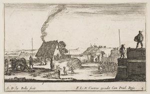 Placa 4: Un campamento militar con un soldado de pie en un parapeto a la derecha golpeando, ca. 1641 de Stefano della Bella