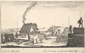 Placa 4: Un campamento militar con un soldado de pie en un parapeto a la derecha, ca. 1641 de Stefano della Bella