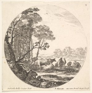 Placa 4: un capitel corintio en el suelo a la izquierda en primer plano, un monumento w..., ca. 1643-48 de Stefano della Bella