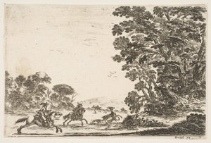 Placa 4: una cacería de ciervos, dos jinetes galopando hacia la izquierda detrás de tres perros y un ciervo, 1642