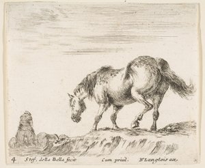 Placa 4: un caballo de perfil mirando a la izquierda, a punto de descender de un montículo, un caballo..., ca. 1644-47 de Stefano della Bella