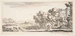 Placa 4: dos peregrinos observando ruinas a la derecha, uno señalando hacia la derecha, un pastor..., ca. 1641 de Stefano della Bella