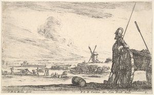 Placa 5: Un piquero de pie a la derecha junto a un cañón, otras figuras militares en el fondo..., ca. 1641