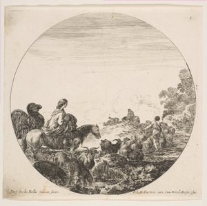 Placa 5: una mujer llevando a un niño en un caballo a la izquierda, un camello siguiéndola, un rebaño de..., ca. 1646 de Stefano della Bella