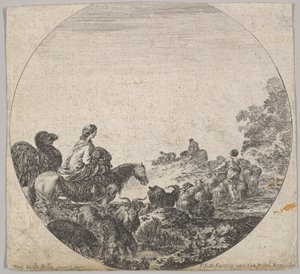 Placa 5: una mujer llevando a un niño en un caballo a la izquierda, un camello siguiéndola, un rebaño..., ca. 1643-48 de Stefano della Bella