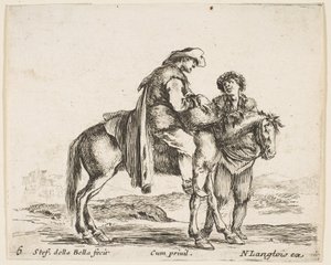 Placa 6: un campesino a caballo de perfil mirando a la derecha, sosteniendo una cesta y t..., ca. 1644-47 de Stefano della Bella