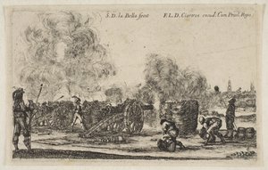 Placa 6: batería de cañones disparando a una ciudad, de Caprichos Militares Varii, ca. 1641