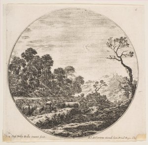 Placa 6: vacas cruzando un valle a la izquierda, un jinete y otras vacas en el fondo, ca. 1646 de Stefano della Bella