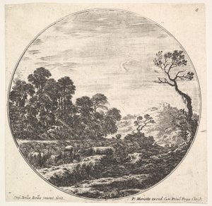 Placa 6: vacas cruzando un valle a la izquierda, un grupo de árboles a la izquierda, un jinete y otros, ca. 1643-48 de Stefano della Bella