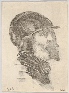 Placa 6: cabeza de un viejo soldado barbudo con casco mirando a la derecha, de Varias cabezas, 1650 de Stefano della Bella