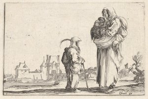 Placa 7: una campesina llevando a un niño a la derecha, hablando con otro niño de pie, ca. 1642 de Stefano della Bella