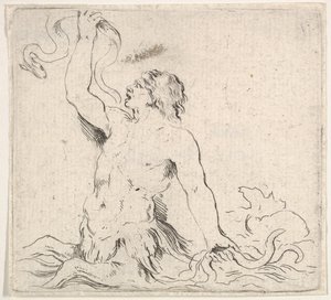 Placa 7: un tritón en el agua, mirando a la izquierda, sosteniendo una anguila en su mano derecha, ca. 1646 de Stefano della Bella