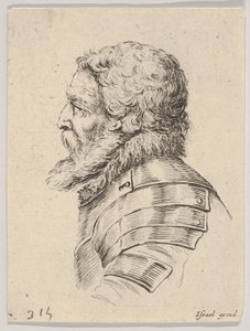 Placa 7: busto de un soldado barbudo con armadura, mirando a la izquierda en perfil, de Varios... de Stefano della Bella
