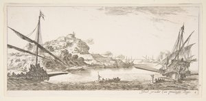 Placa 8: La proa de una galera a la izquierda y otra galera a la derecha, vistas desde atrás, ca. 1641 de Stefano della Bella