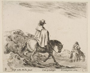 Placa 8: un jinete desciende una ribera, otro jinete en el río a la derecha, de ..., ca. 1644-47 de Stefano della Bella