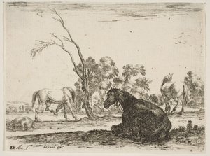 Un caballo sentado a la derecha, visto desde atrás y girado a la izquierda, tres otros caballos (detalle)