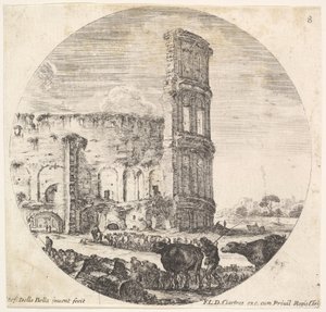 Placa 8: el Coliseo, dos rebaños siendo dirigidos hacia el anfiteatro en el fondo, ca. 1643-48 de Stefano della Bella