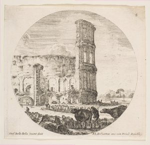 Placa 8: el Coliseo, dos rebaños siendo dirigidos hacia el anfiteatro en el primer plano, ca. 1646 de Stefano della Bella