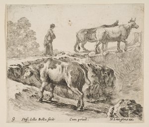 Placa 9: una vaca subiendo un banco, una campesina guiando dos vacas a través de un puente de Stefano della Bella