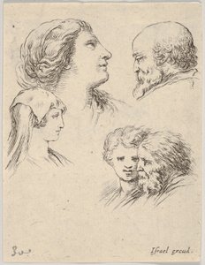 Placa 9: cinco cabezas, dos mujeres jóvenes a la izquierda, un hombre con barba en la parte superior derecha, una joven, ca. 1649 de Stefano della Bella