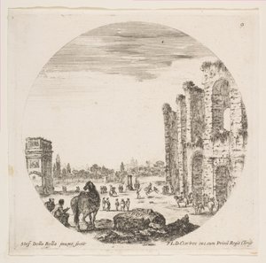 Placa 9: el Arco de Constantino a la izquierda, parte del Coliseo a la derecha, varios caballos...