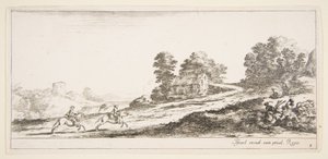 Placa 9: dos jinetes a la izquierda galopando cuesta arriba hacia la derecha, un caballo y un hombre sentado, ca. 1641 de Stefano della Bella