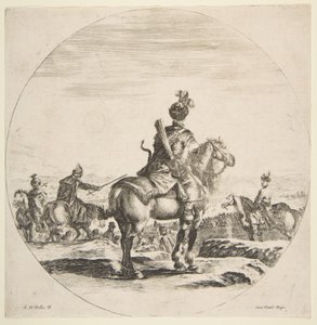 Jinete polaco con arco y flecha, visto desde atrás con su caballo mirando a la derecha... de Stefano della Bella