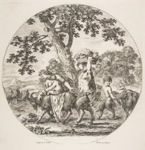 Familia de sátiros caminando hacia la izquierda con dos cabras y una cesta de uvas de Stefano della Bella
