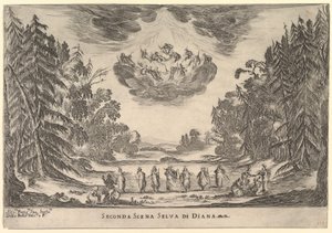 Segunda escena, en el bosque de Diana, de El matrimonio de los dioses Le nozze degli Dei, 1637 de Stefano della Bella