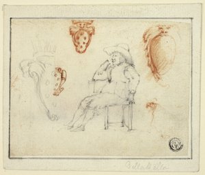 Bocetos de hombre sentado, escudos de armas de los Médicis