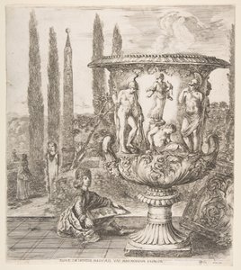 El jarrón Medici, un gran jarrón a la derecha decorado con una representación del sacrificio de Stefano della Bella