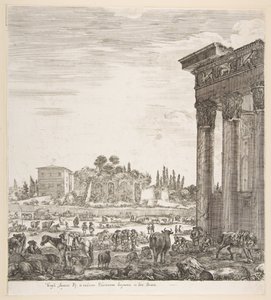 Las columnas del Templo de Antonino a la derecha, una parte del Campo Vaccino en el centro, 1656 de Stefano della Bella