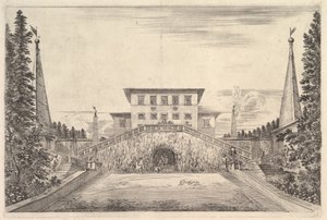 La villa en el centro flanqueada por cuatro obeliscos de Stefano della Bella