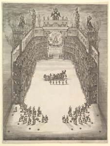 Teatro en Módena, visto desde arriba y lleno de espectadores, con un carro triunfal en el centro, 1652 de Stefano della Bella