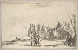 Tres hombres con sombreros de pie en el centro, hombres reparando un barco a la derecha, cinco barcos y varios, 1639 de Stefano della Bella