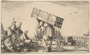 Página de título: un hombre cargando un estuche en su espalda en el centro, tres hombres mirándolo... de Stefano della Bella