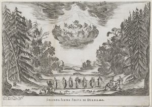 Tweede scène: het bos van Diana Segunda escena del bosque de Diana (título sobre objeto) Liberetto ter ere van de bruiloft van Ferdinando II de