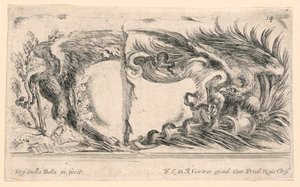 Dos mitades de escudos, No. 14 de "Raccolta di varii cappriccii et nove inventioni di cartelle et ornamenti" de Stefano della Bella