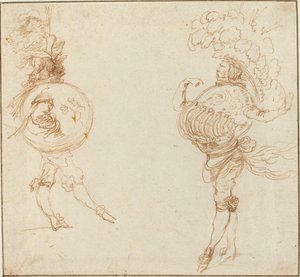 Dos hombres en disfraces de mascarada: La Tierra y un casco de desfile, c. 1645
