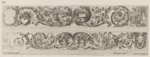 Dos bandas ornamentales con cabezas enfrentadas de león y águila, y dos carneros, probablemente 1648 de Stefano della Bella