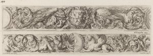 Dos bandas ornamentales con cabeza de león y mujer de Stefano della Bella