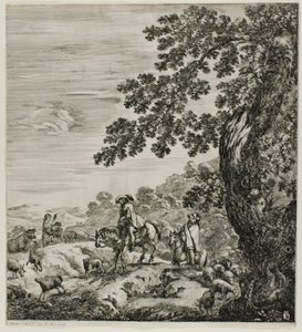 Dos jinetes pasando un rebaño, lámina cinco de Las seis grandes vistas de Roma y la Campagna de Stefano della Bella