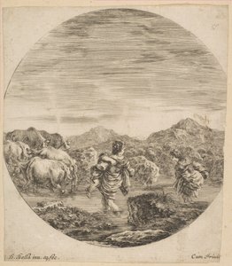 Dos mujeres cruzando un arroyo de Stefano della Bella