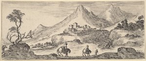 Dos jinetes descienden una colina en el centro, siguiendo a otro hombre a pie, un castillo en el..., ca. 1641 de Stefano della Bella