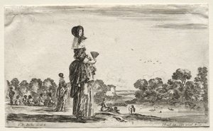 Varias figuras y paisajes: mujeres observando bañistas a lo largo de un río, 1649