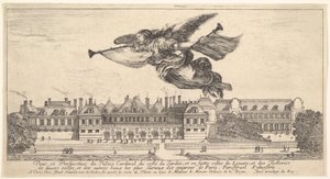 Vista del Palais Cardinal, la figura de la Fama en el centro superior volando hacia la izquierda, 1649-51