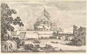 Vista del río Tíber, un gran árbol a la izquierda, dos grupos de mujeres a la izquierda en el primer plano, ca. 1656 de Stefano della Bella
