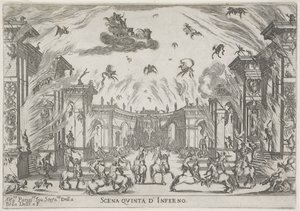 Vijfde scène: de hel Quinta escena del infierno (título sobre objeto) Liberetto ter ere van de bruiloft van Ferdinando II de